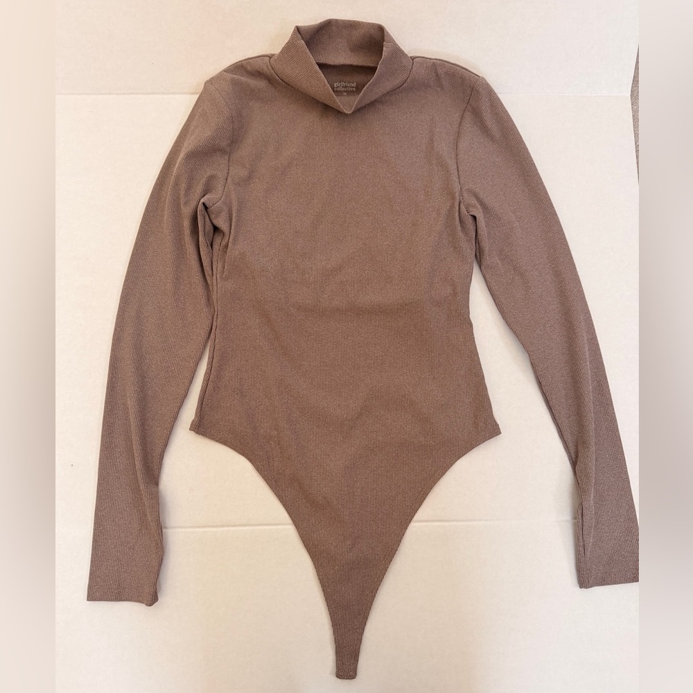 Girlfriend Collective Taupe Fog Heather Mock Neck Ribbed Thong Bodysuit
